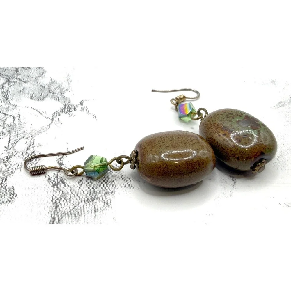 Boho Dangle Earrings Brown Green Ceramic Bead Gold‎ Tone Artisan